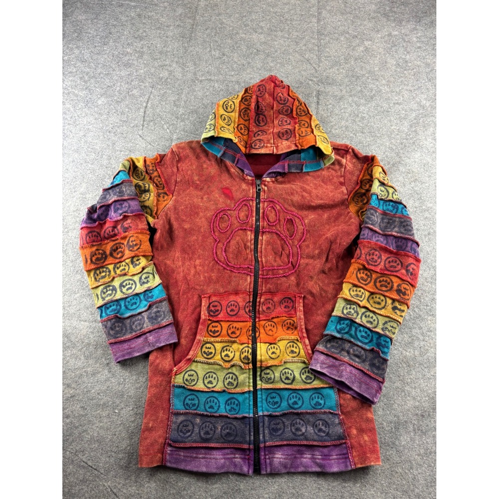 Greater Good Network Nepal Patchwork Paw Print Rainbow Zip Hoodie S/M Boho